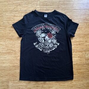 Harley Davidson Black Skull Graphic Widow Cap Tee Women's Medium
